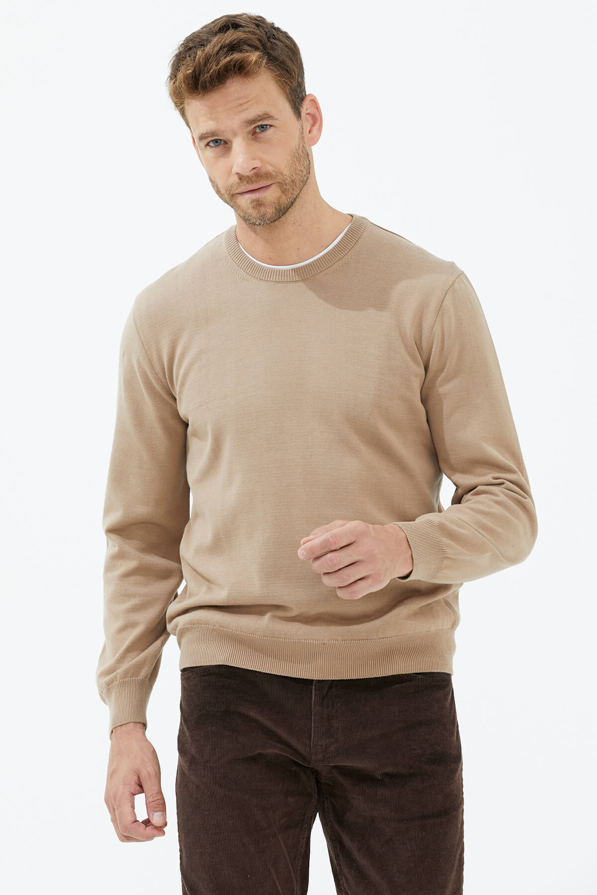 Sıfır Yaka Triko Kazak - Kamel (3) Sementa