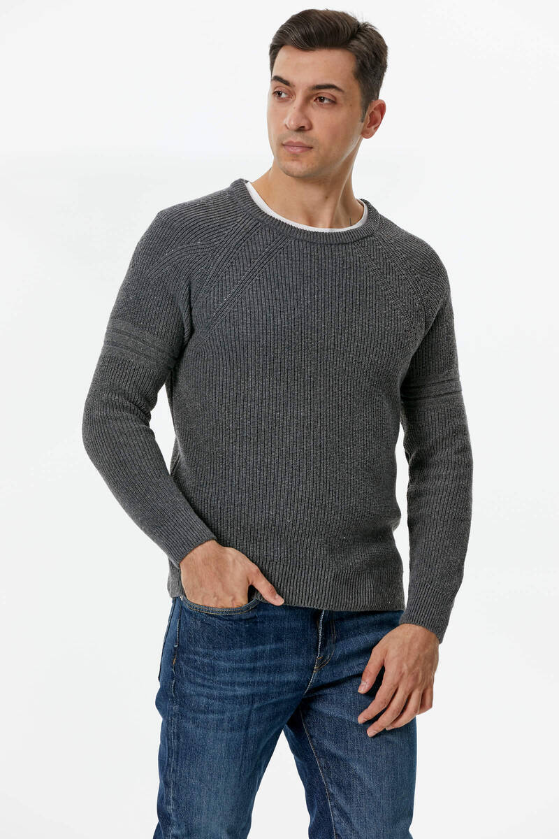 Sıfır Yaka Triko Kazak - Koyu Gri (1) Sementa