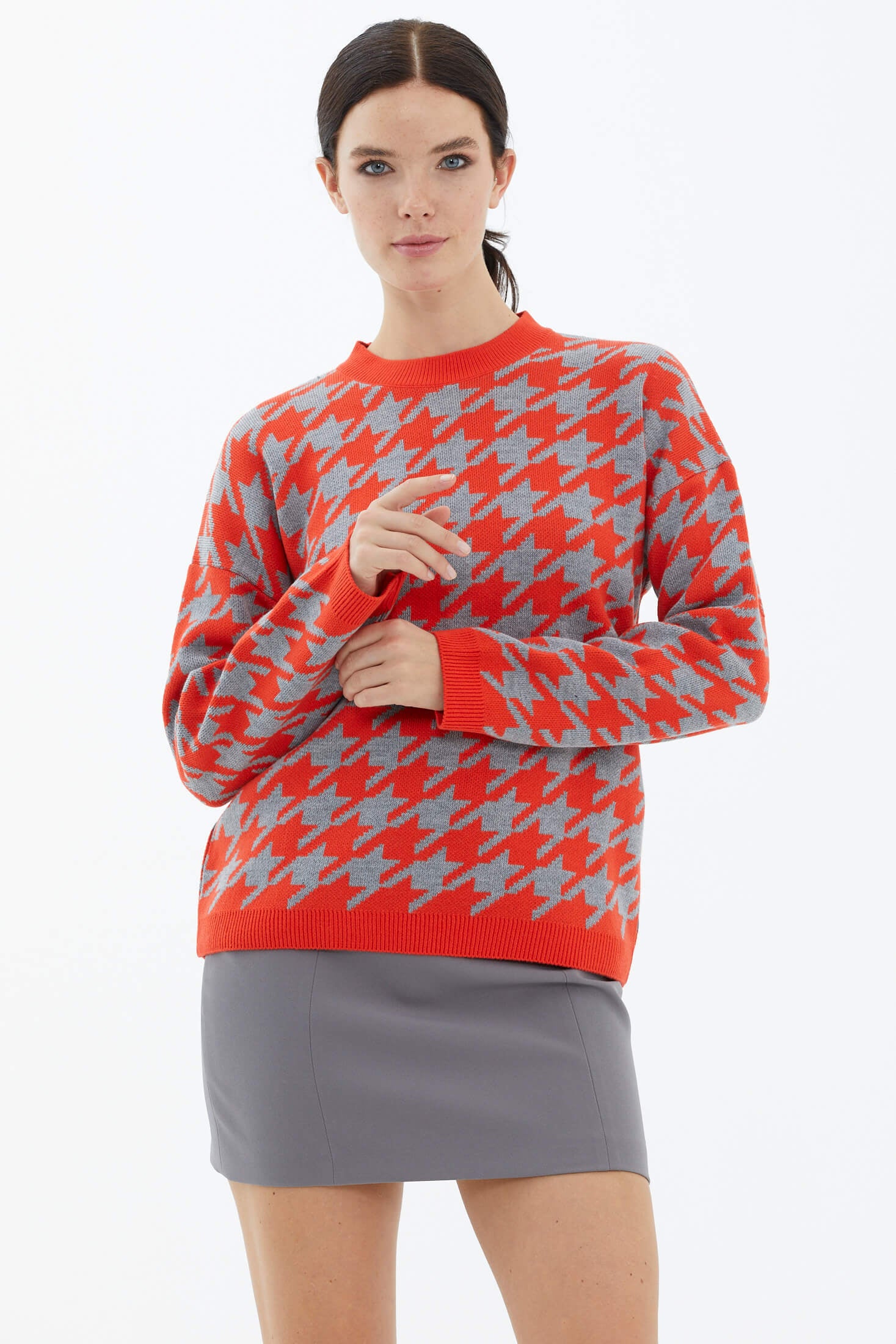 Sıfır Yaka Triko Kazak - Nar - Gri (1) Sementa