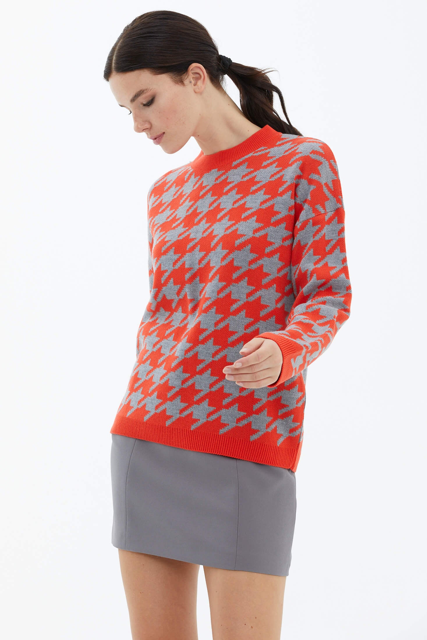 Sıfır Yaka Triko Kazak - Nar - Gri (2) Sementa