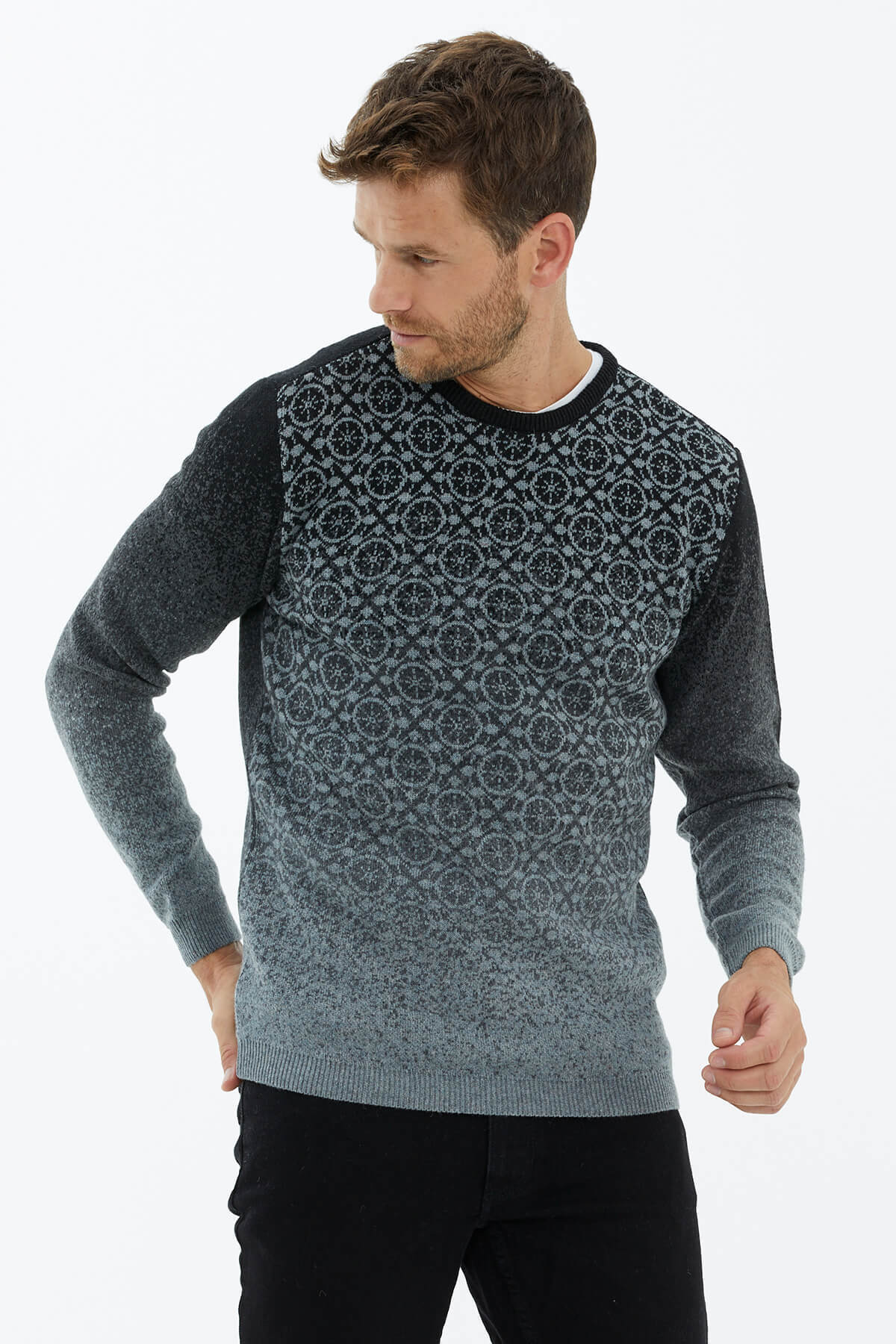 Sıfır Yaka Triko Kazak - Orta Gri (3) Sementa