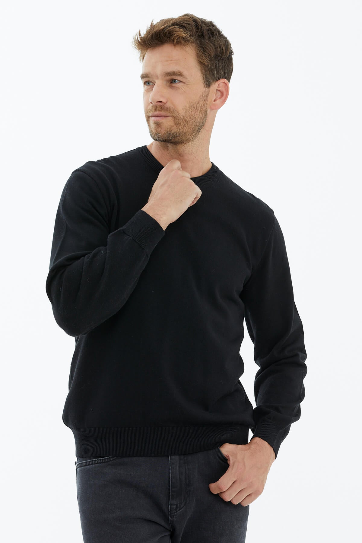 Sıfır Yaka Triko Kazak - Siyah (1) Sementa