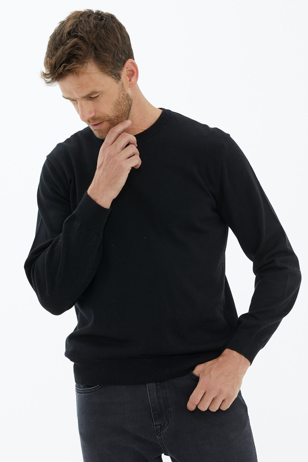 Sıfır Yaka Triko Kazak - Siyah (2) Sementa