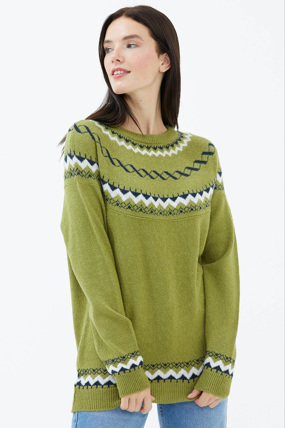 Sıfır Yaka Triko Kazak - Yeşil (1) Sementa