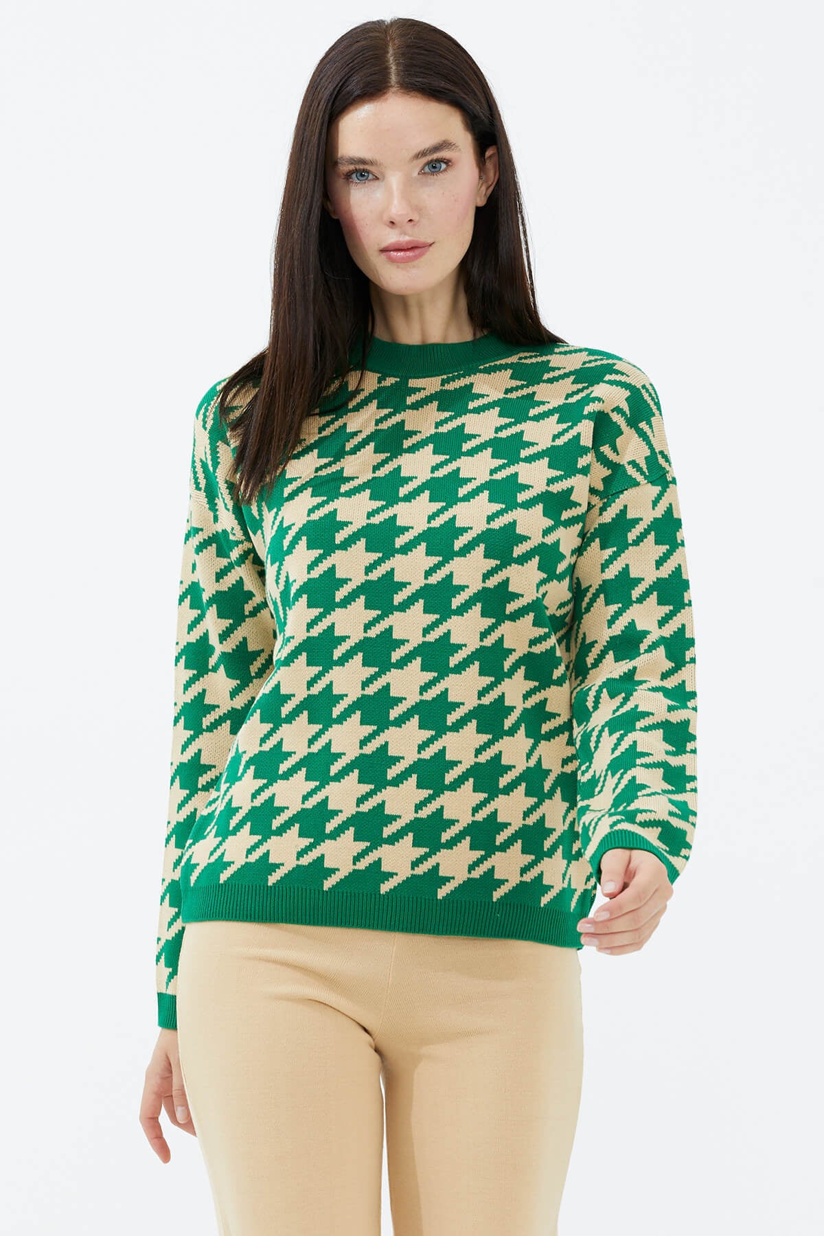 Sıfır Yaka Triko Kazak - Yeşil - Bej (1) Sementa