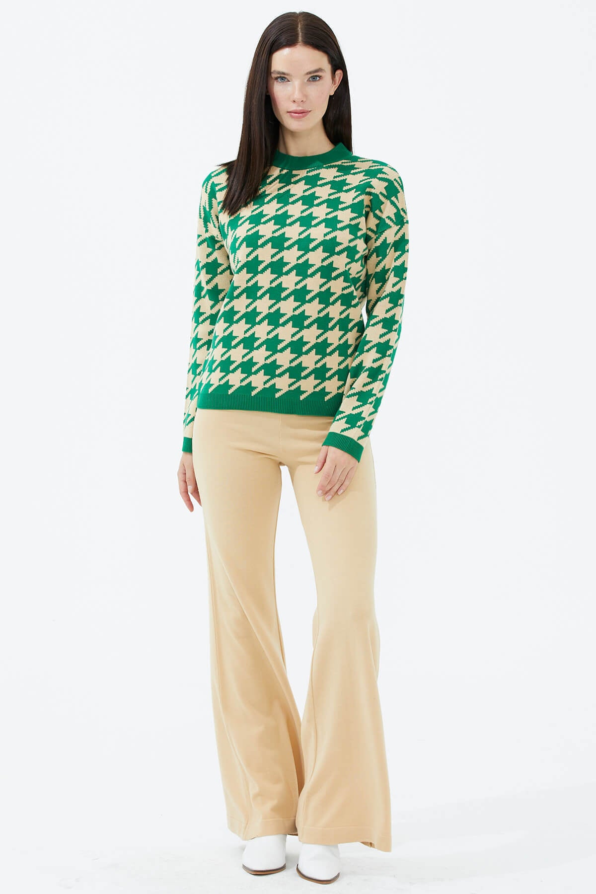 Sıfır Yaka Triko Kazak - Yeşil - Bej (2) Sementa