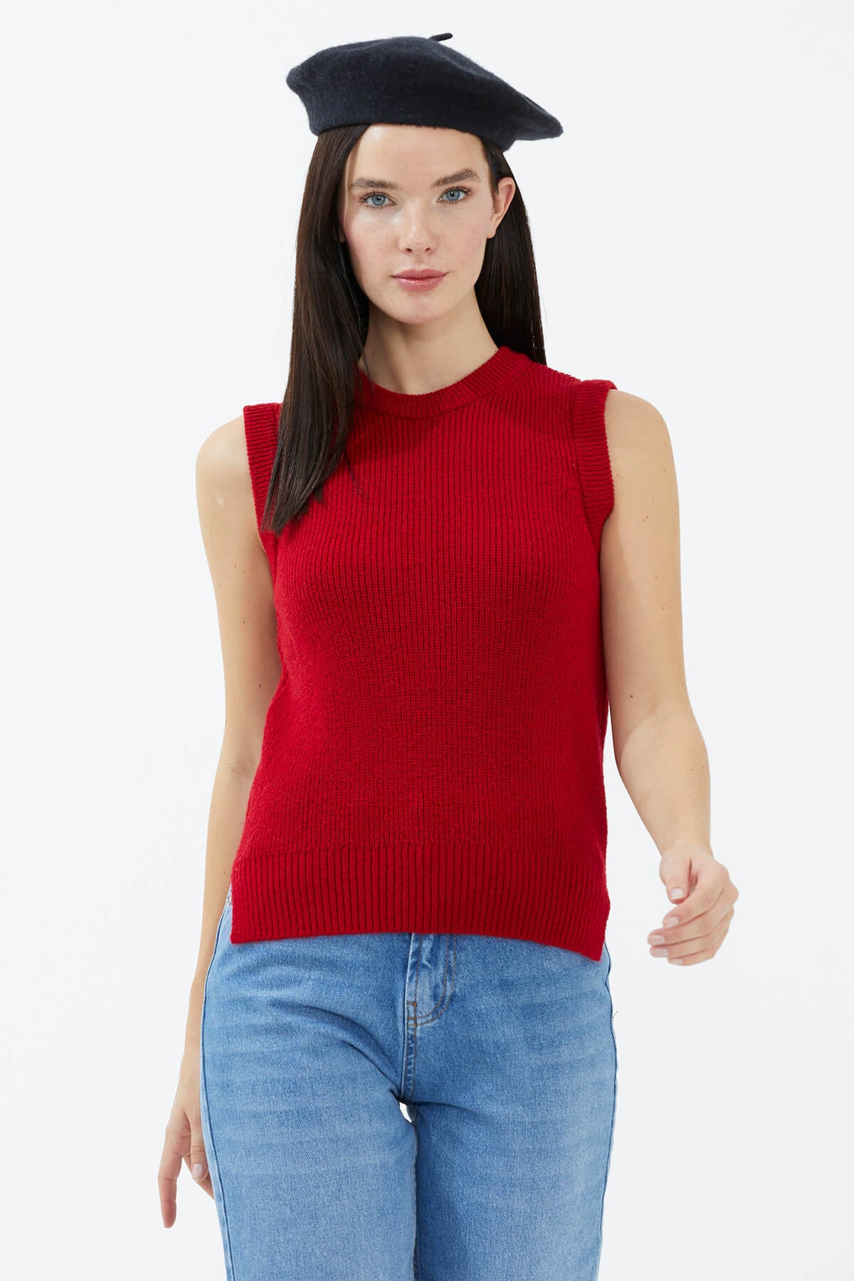 Sıfır Yaka Triko Süveter - Kırmızı (2) Sementa