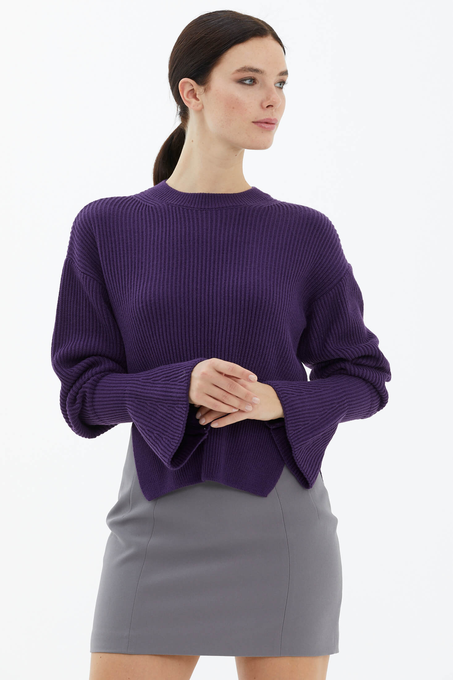 Sıfır Yaka Yırtmaçlı İspanyol Kol Tiriko Kazak - Mor (1) Sementa