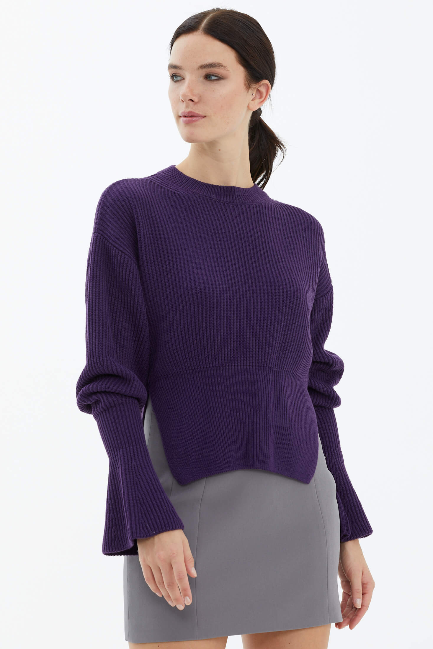 Sıfır Yaka Yırtmaçlı İspanyol Kol Tiriko Kazak - Mor (2) Sementa