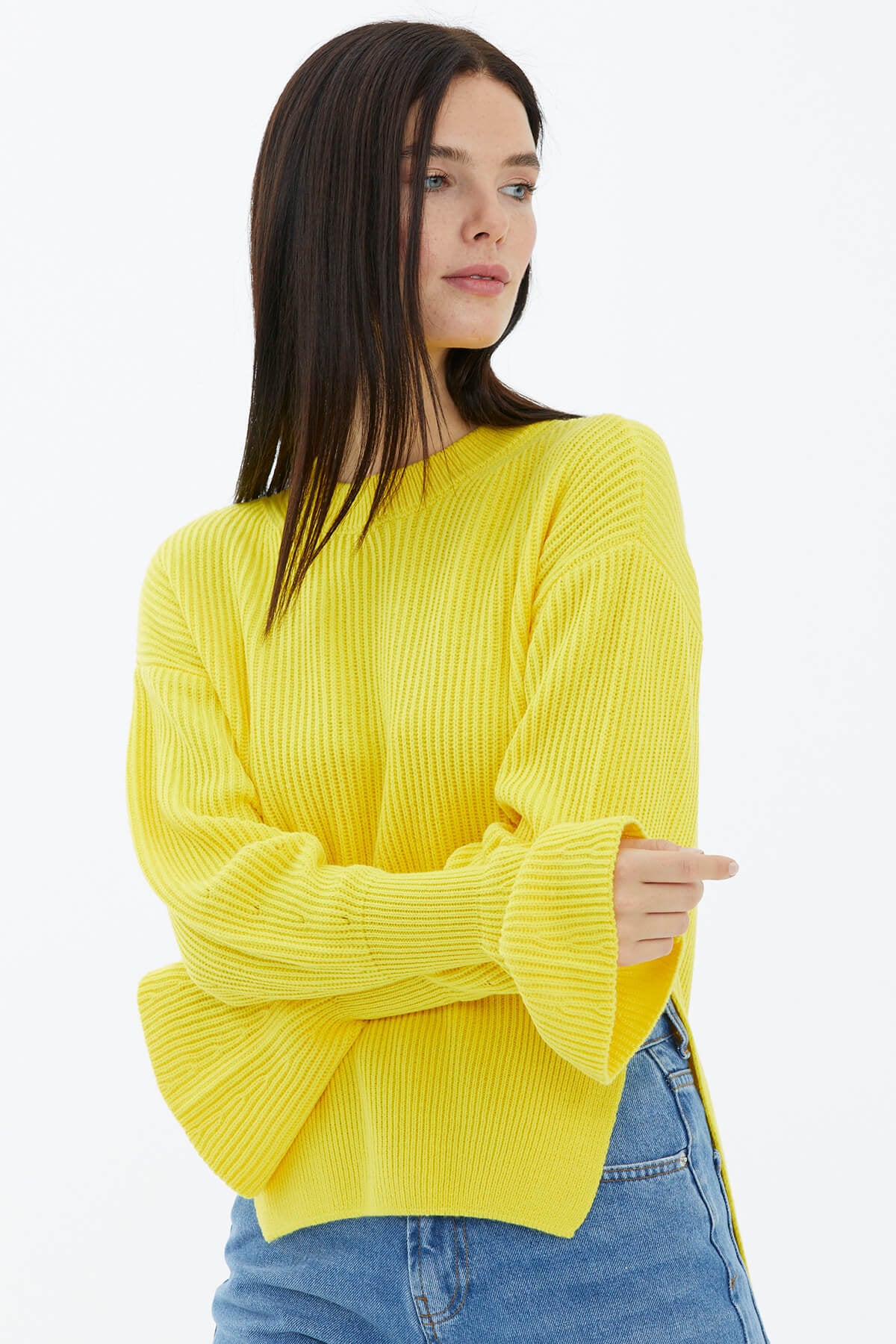 Sıfır Yaka Yırtmaçlı İspanyol Kol Tiriko Kazak - Sarı (2) Sementa