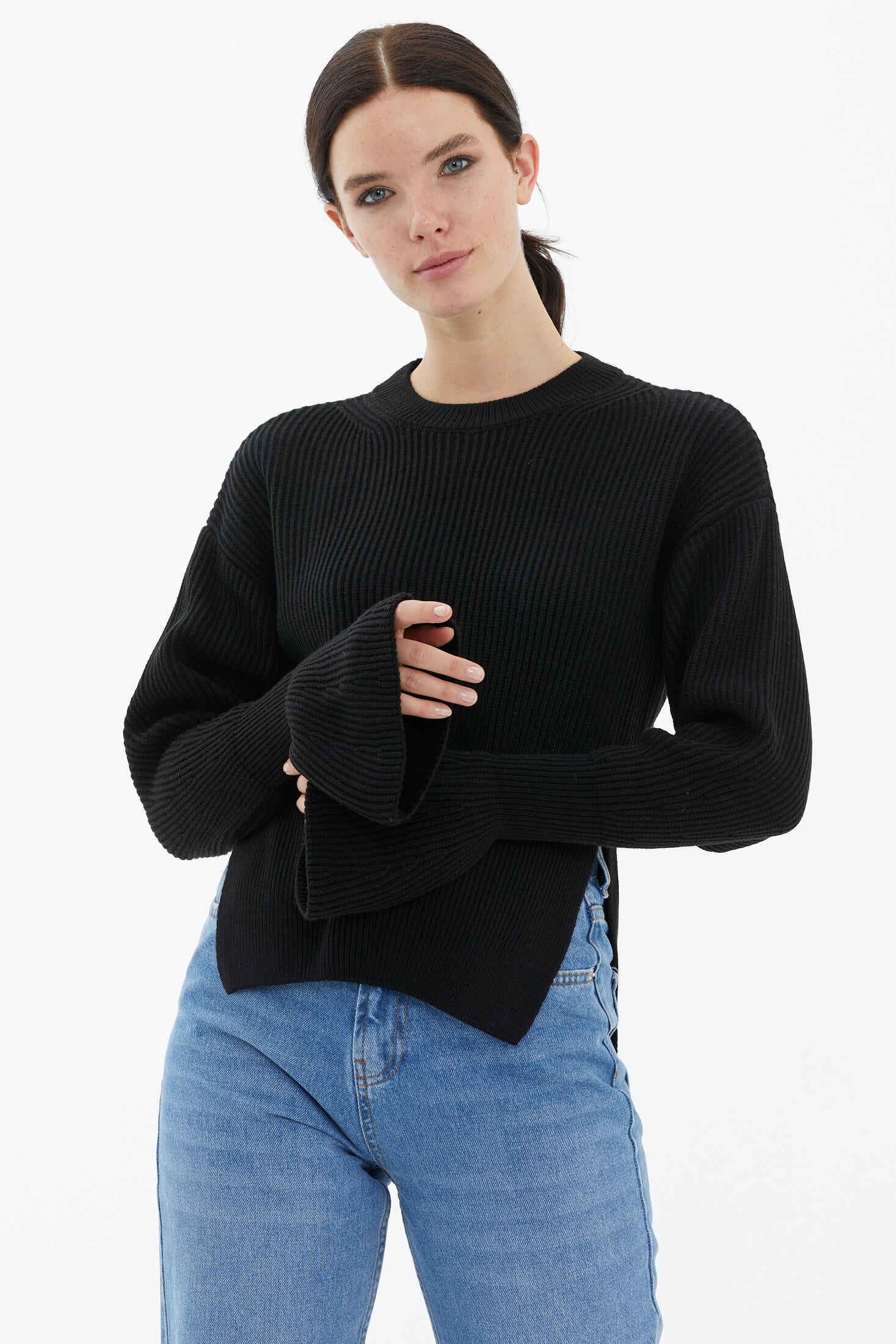 Sıfır Yaka Yırtmaçlı İspanyol Kol Tiriko Kazak - Siyah (2) Sementa