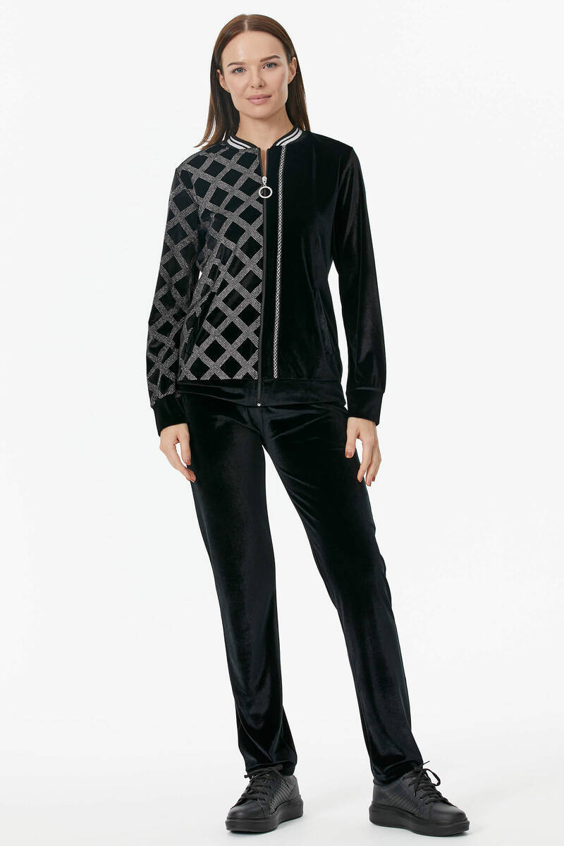 Sim Desenli Kadife Eşofman Takım - Siyah (1) Sementa