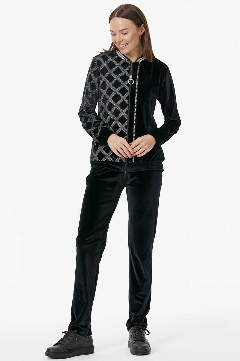 Sim Desenli Kadife Eşofman Takım - Siyah (2) Sementa