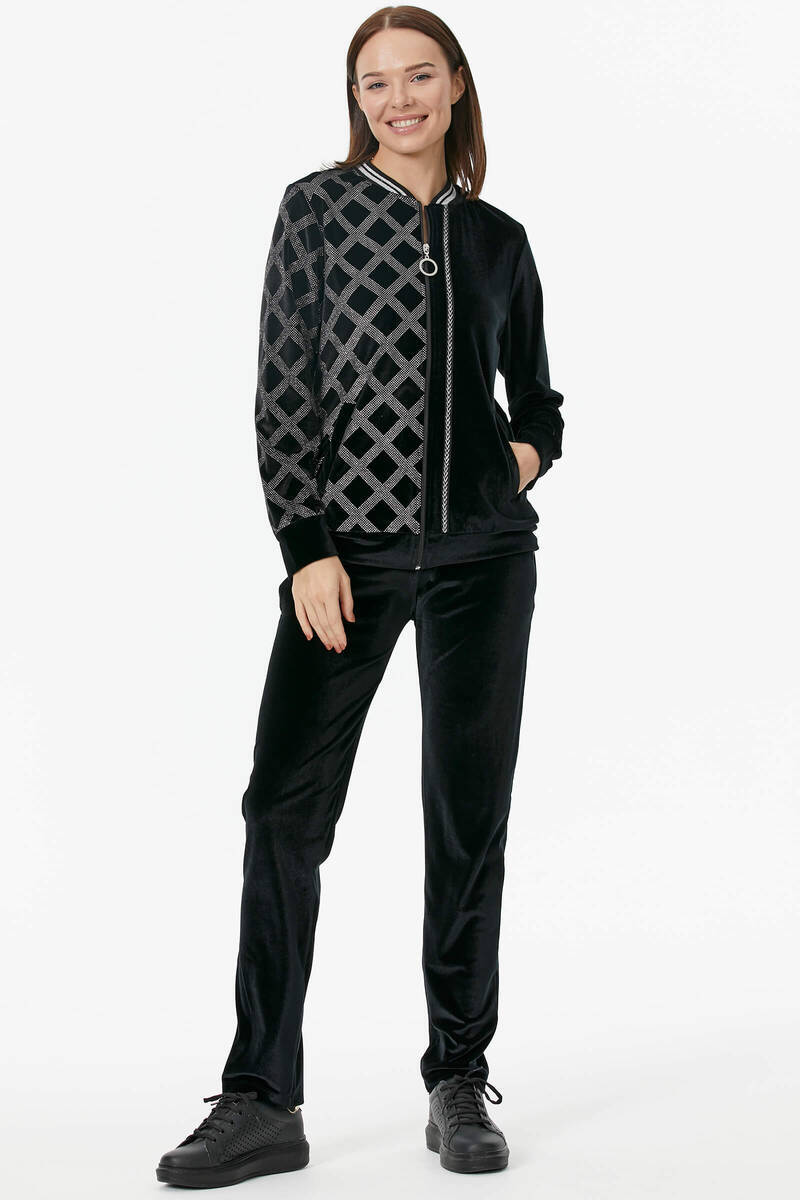 Sim Desenli Kadife Eşofman Takım - Siyah (4) Sementa