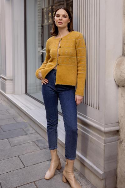 Sim Desenli Yumoş Triko Hırka - Hardal (2) Sementa