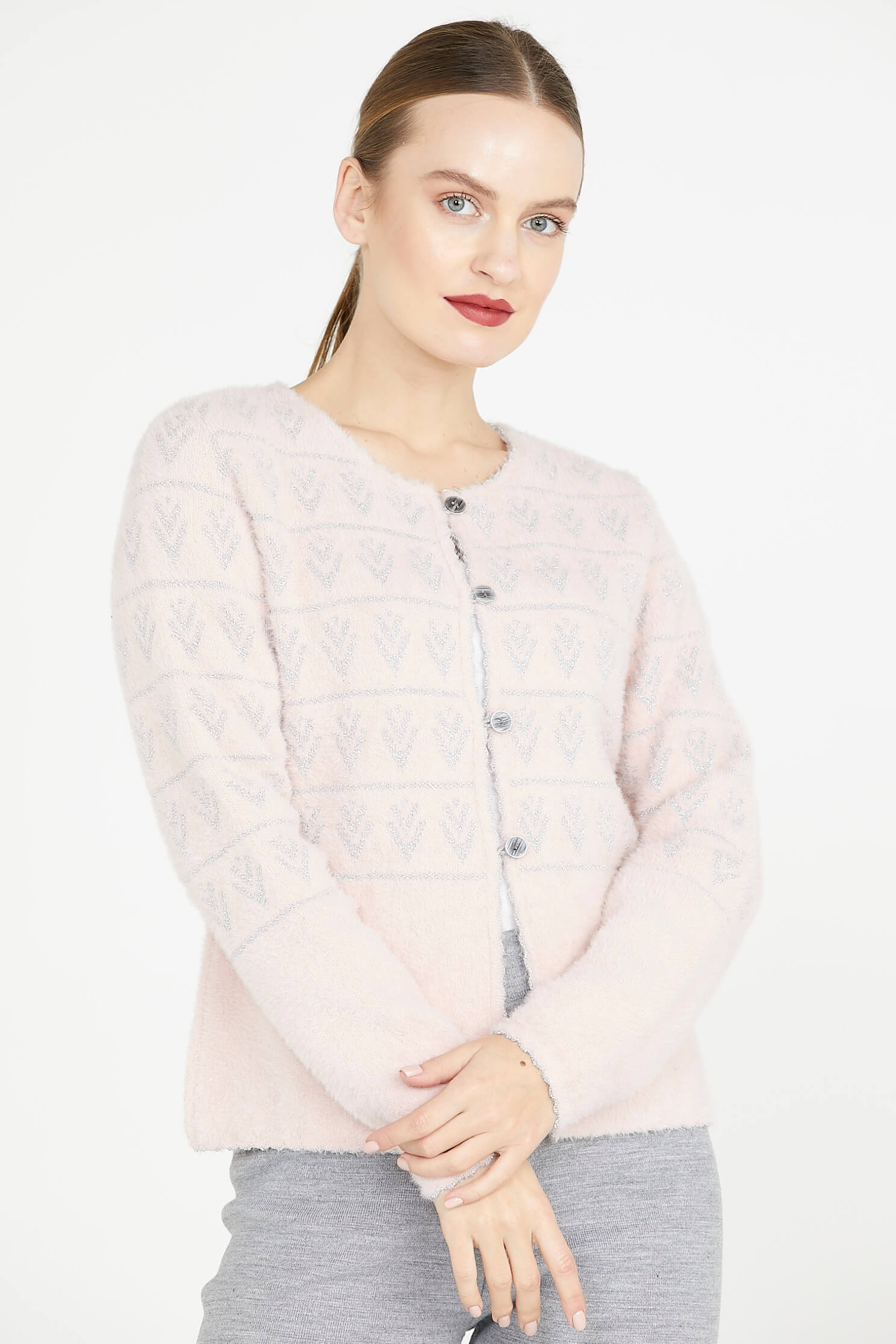 Sim Desenli Yumoş Triko Hırka - Pembe (1) Sementa
