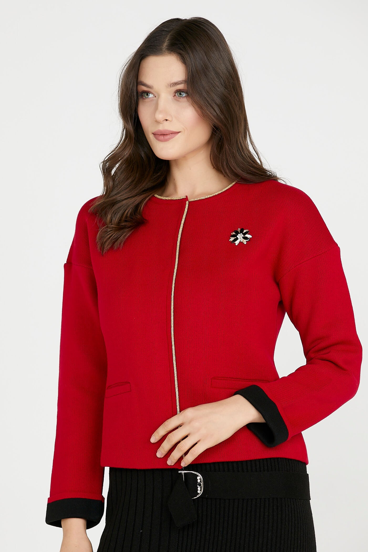 Sim Detaylı Kısa Triko Ceket - Kırmızı - Siyah (1) Sementa