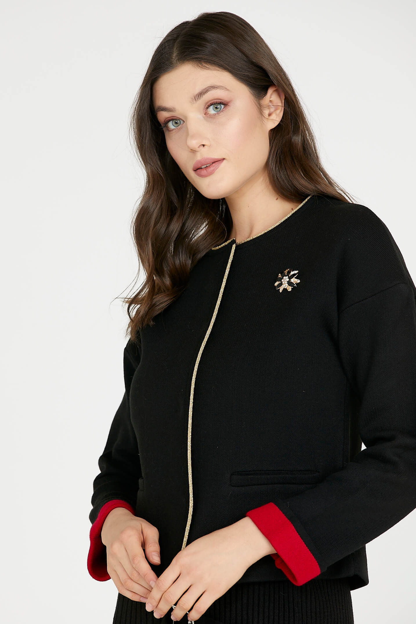 Sim Detaylı Kısa Triko Ceket - Siyah - Kırmızı (2) Sementa