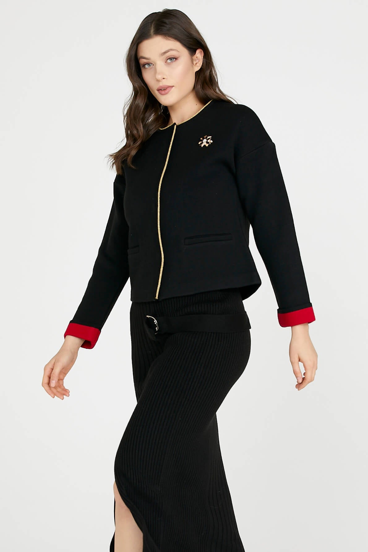 Sim Detaylı Kısa Triko Ceket - Siyah - Kırmızı (3) Sementa