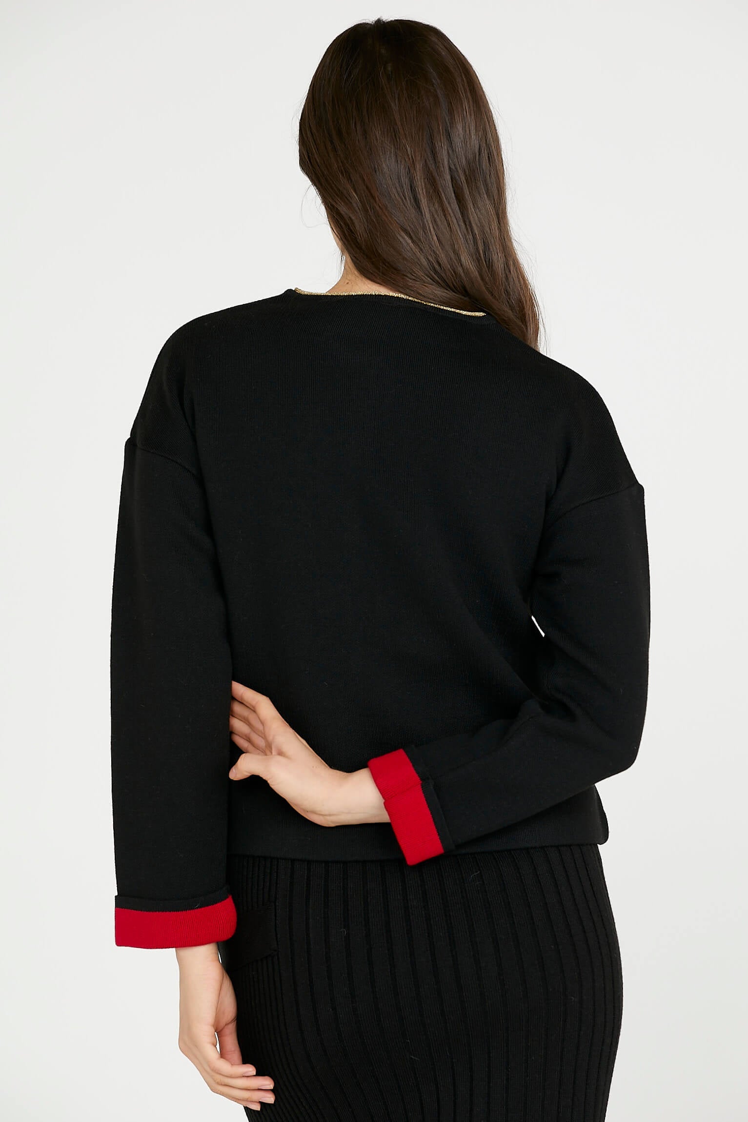 Sim Detaylı Kısa Triko Ceket - Siyah - Kırmızı (4) Sementa