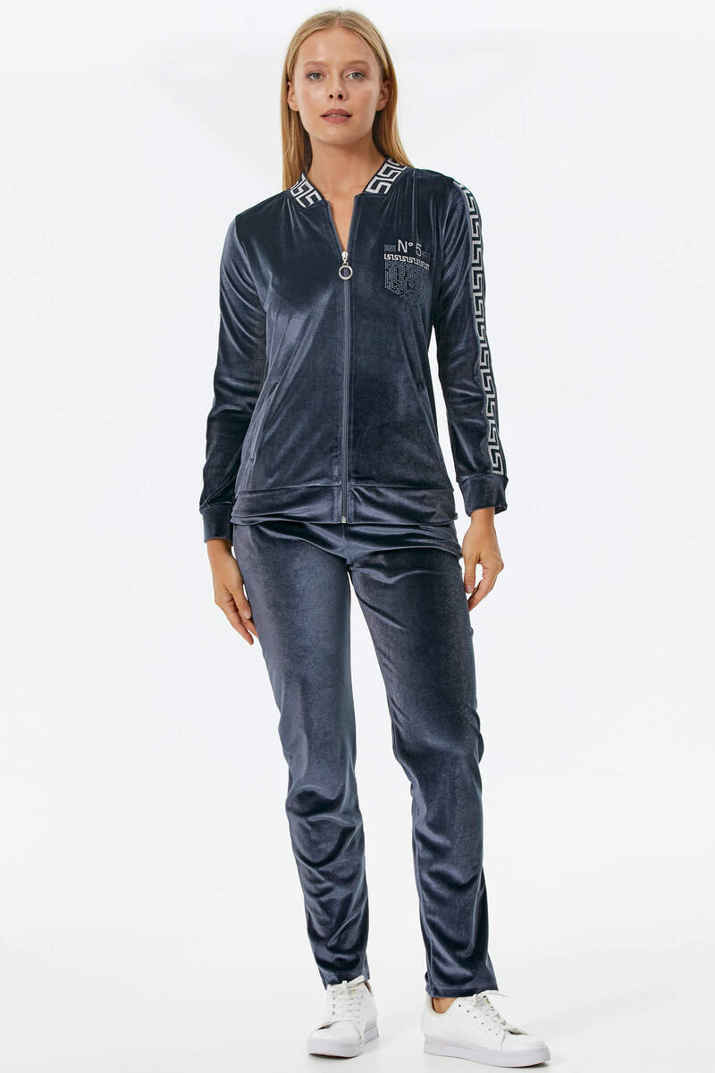 Sim Örme Detaylı Kadife Eşofman Takım - Antrasit (2) Sementa