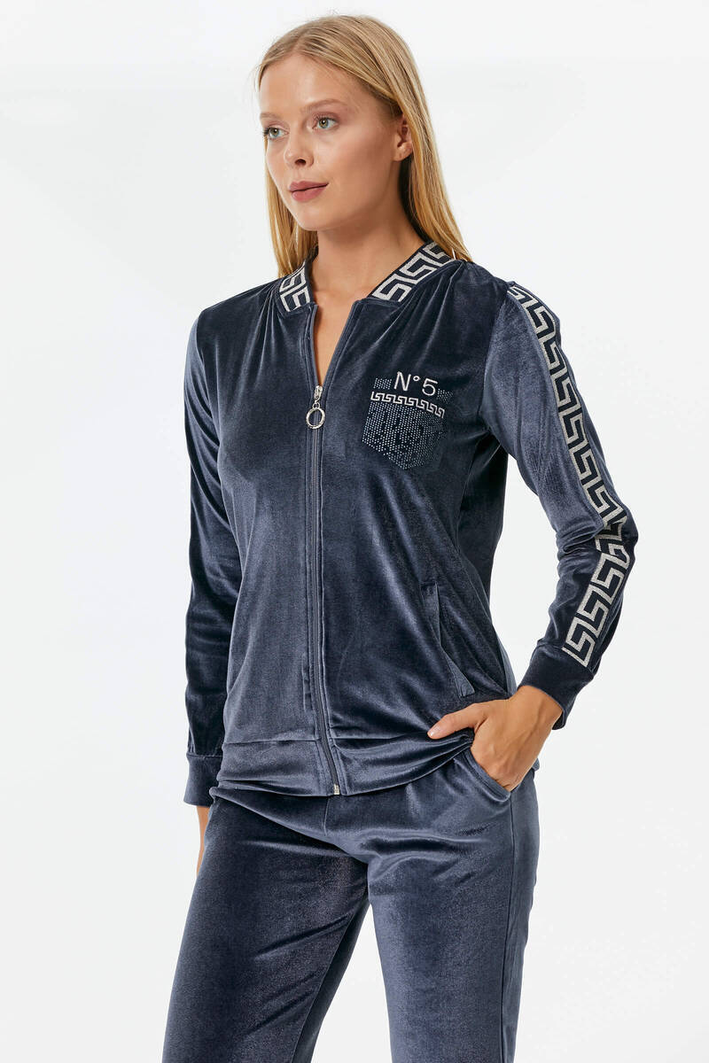 Sim Örme Detaylı Kadife Eşofman Takım - Antrasit (3) Sementa