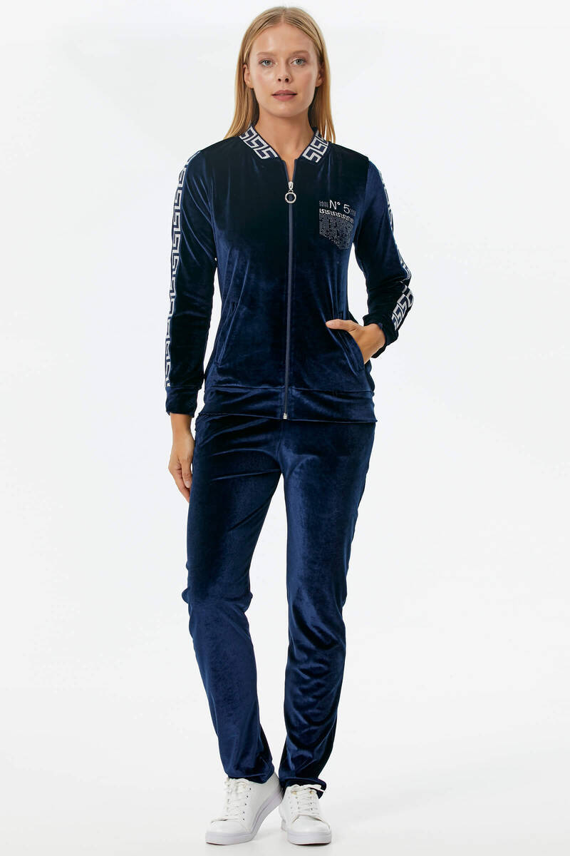 Sim Örme Detaylı Kadife Eşofman Takım - Lacivert (1) Sementa