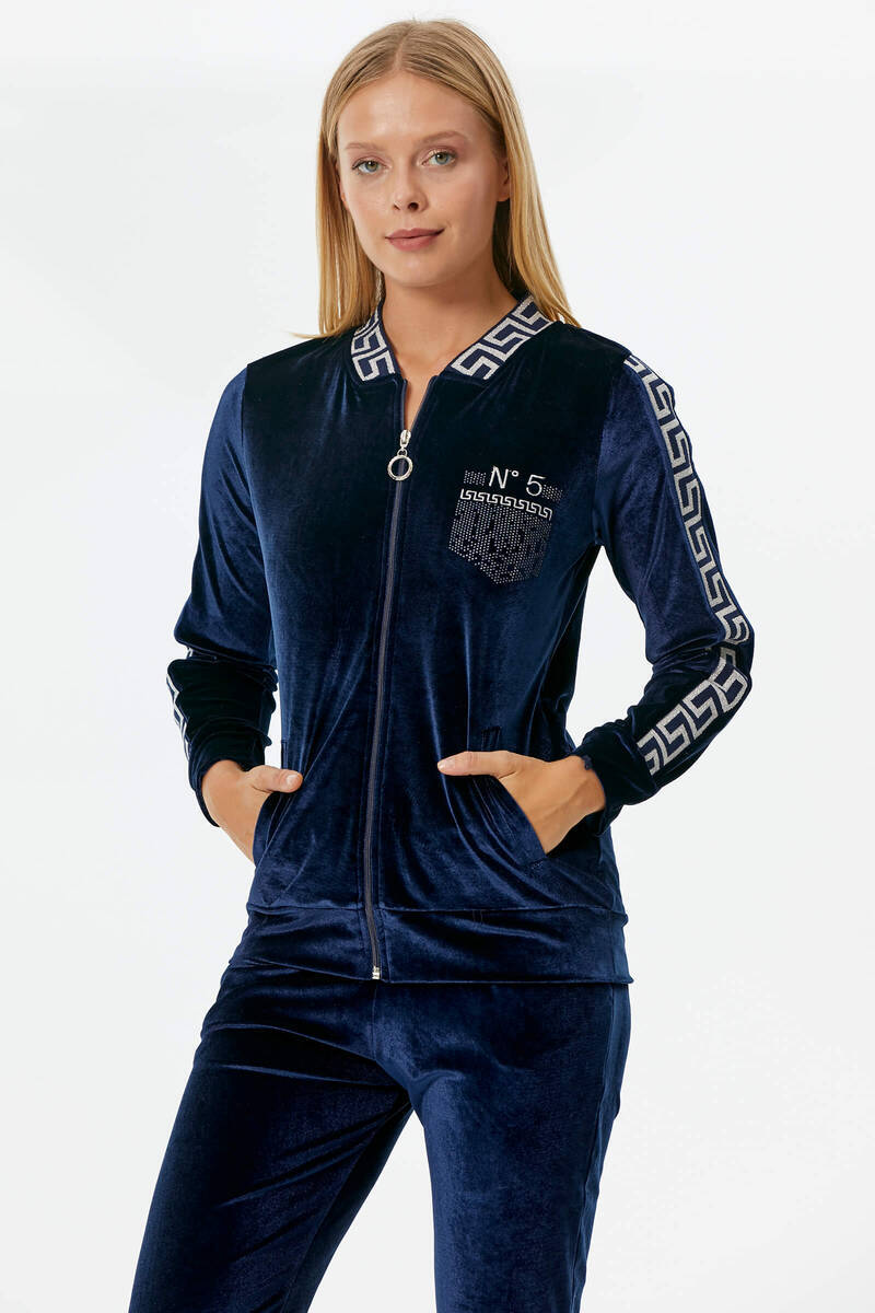 Sim Örme Detaylı Kadife Eşofman Takım - Lacivert (3) Sementa