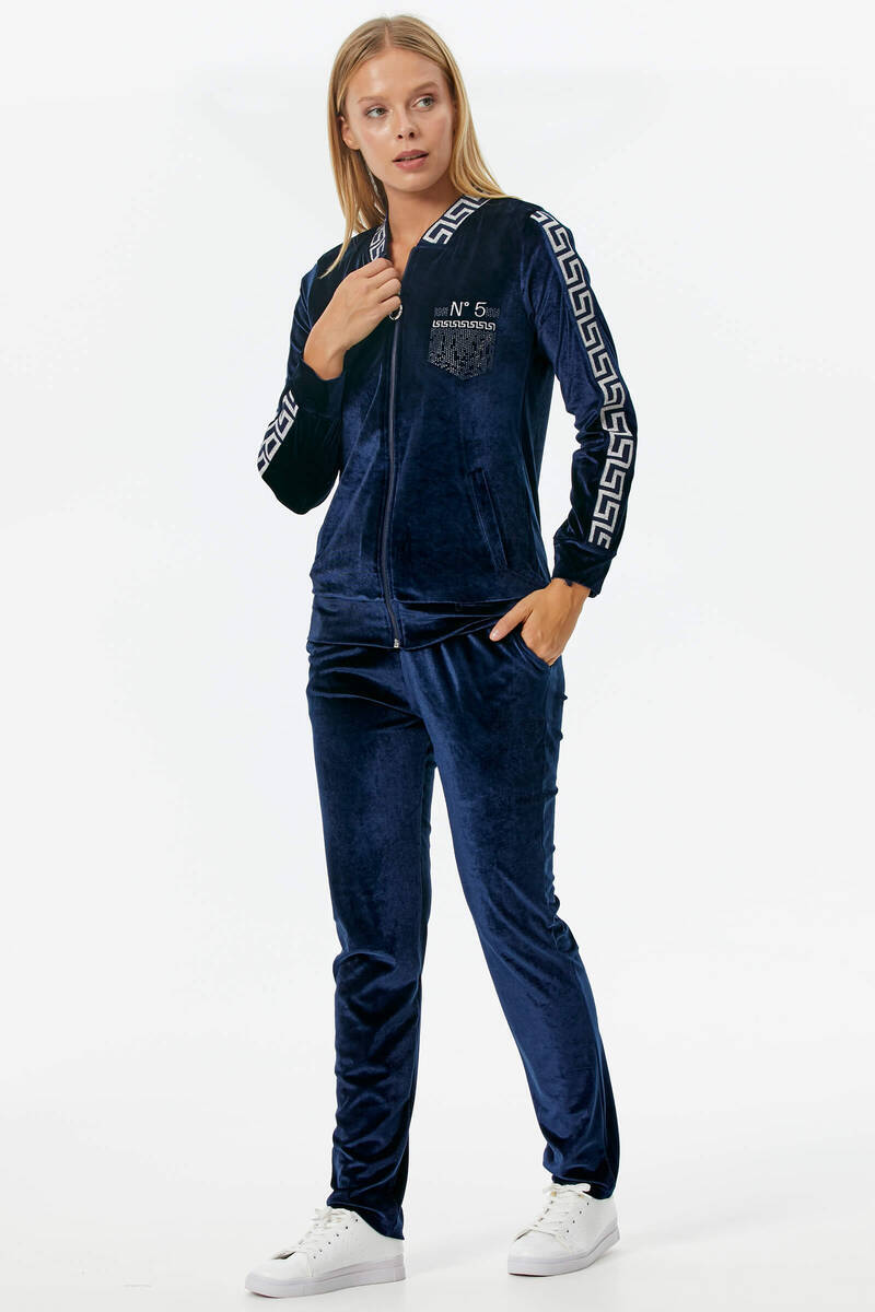 Sim Örme Detaylı Kadife Eşofman Takım - Lacivert (4) Sementa