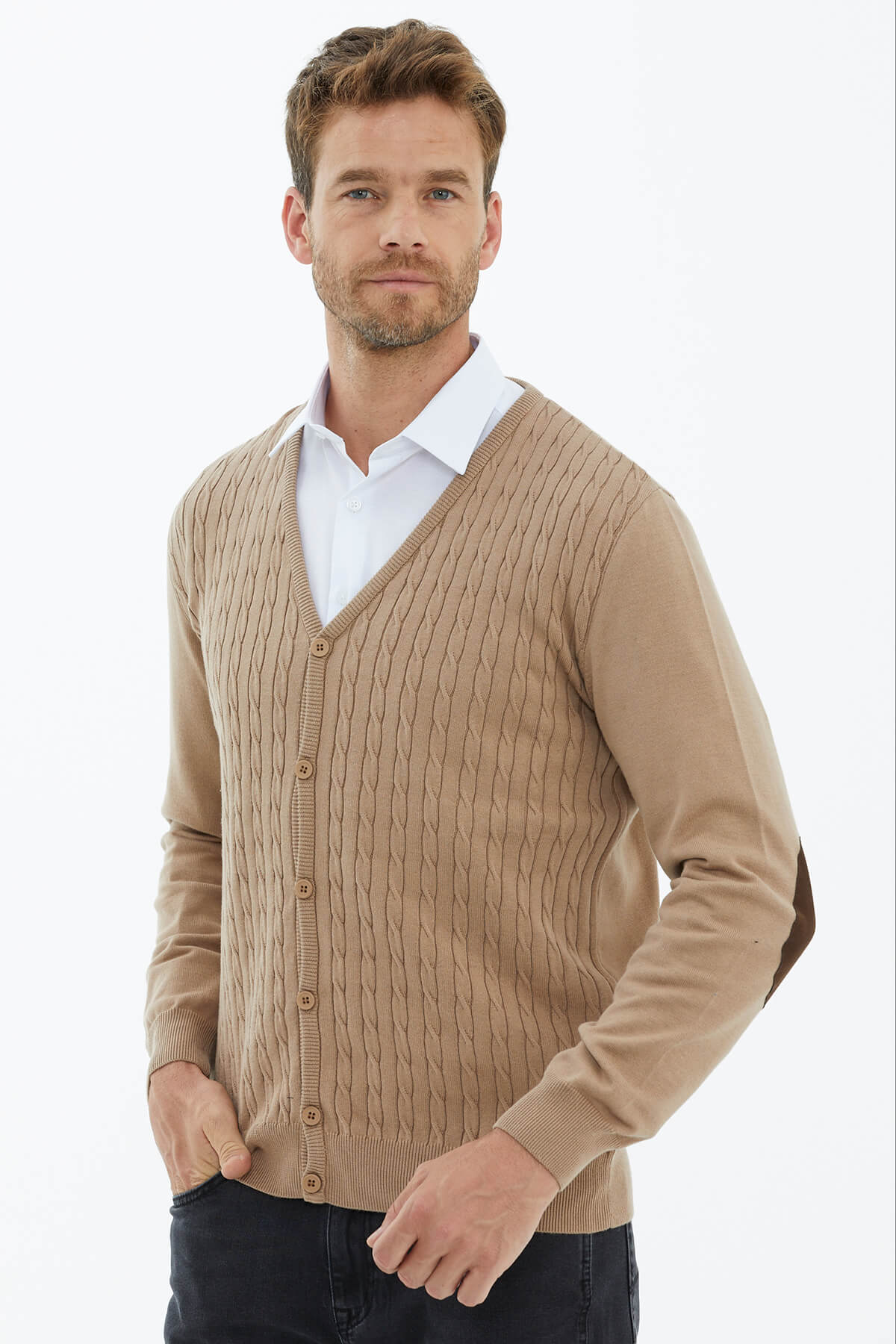 Süet Garnili Saç Örgülü Triko Hırka - Kamel (1) Sementa