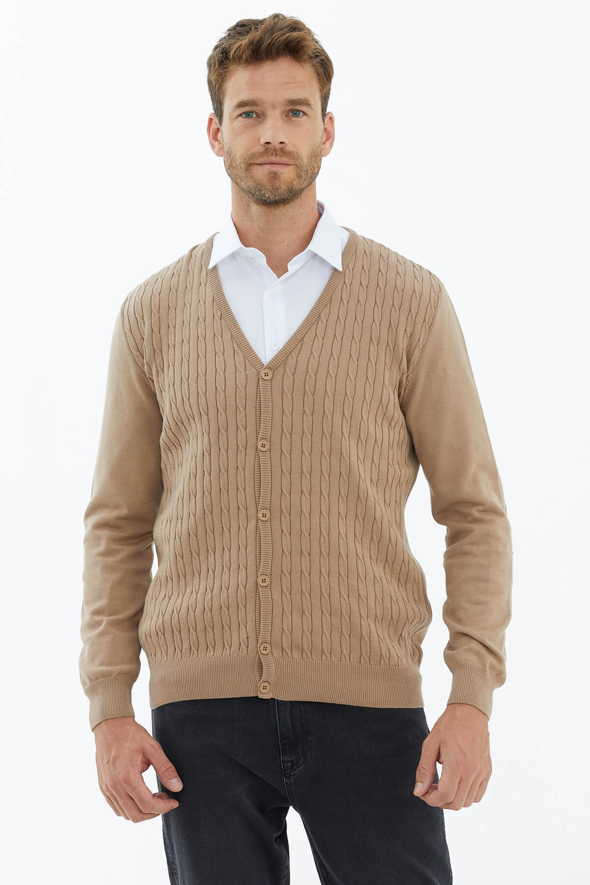 Süet Garnili Saç Örgülü Triko Hırka - Kamel (2) Sementa