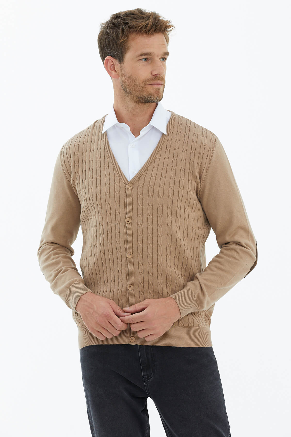 Süet Garnili Saç Örgülü Triko Hırka - Kamel (3) Sementa