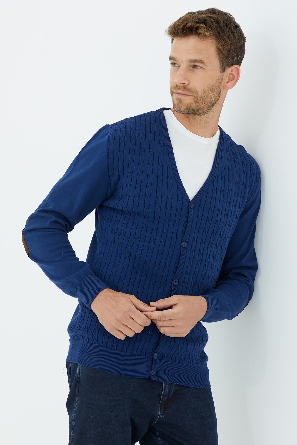 Süet Garnili Saç Örgülü Triko Hırka - Lacivert (1) Sementa