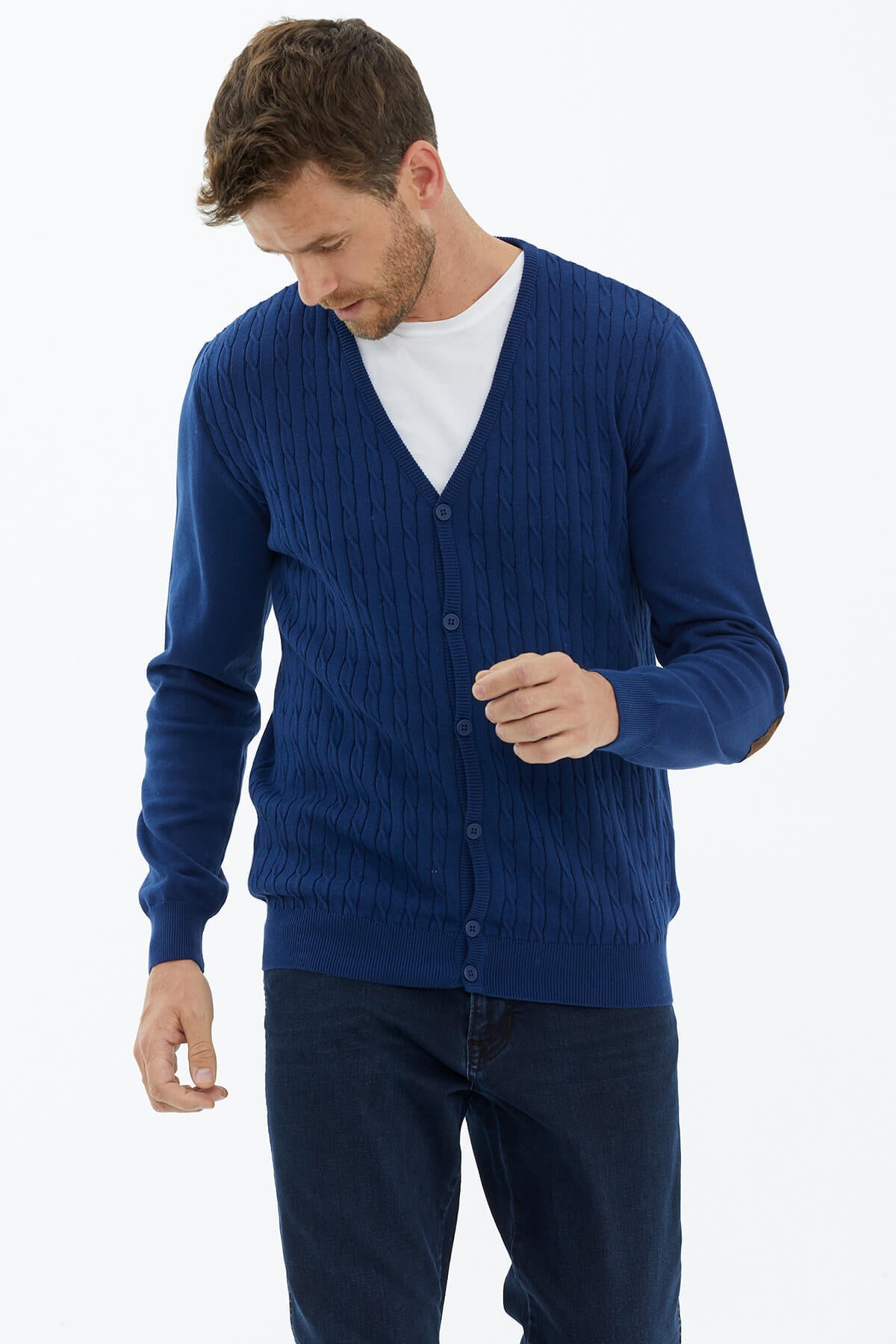 Süet Garnili Saç Örgülü Triko Hırka - Lacivert (3) Sementa