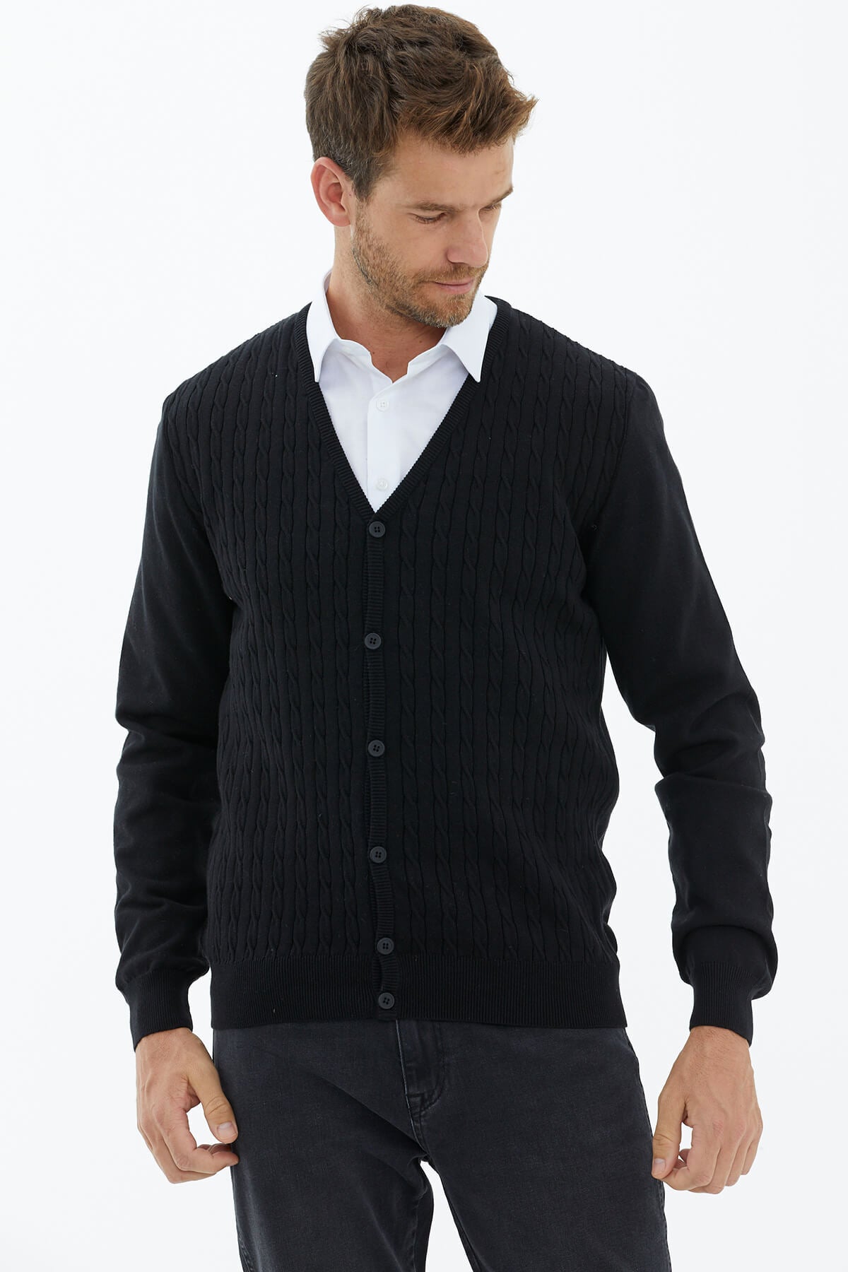 Süet Garnili Saç Örgülü Triko Hırka - Siyah (1) Sementa