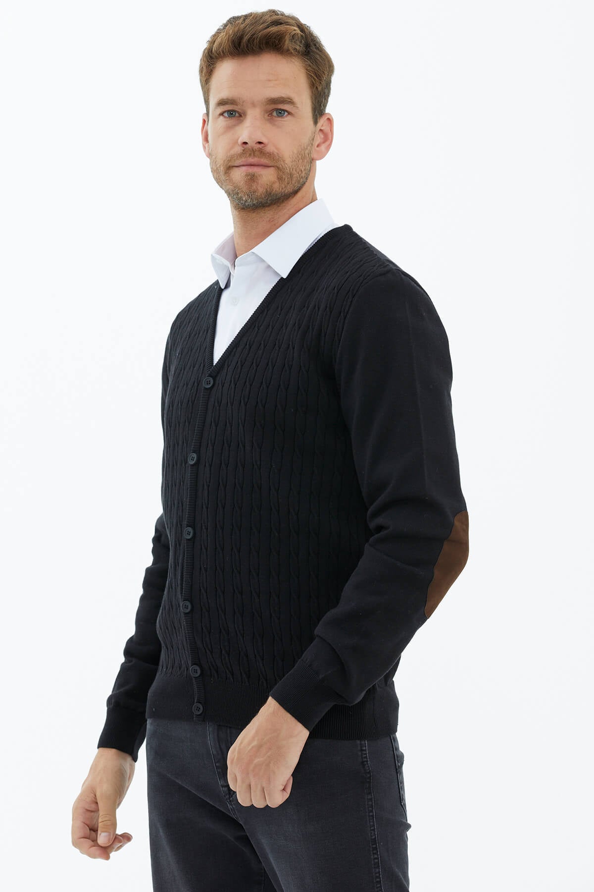 Süet Garnili Saç Örgülü Triko Hırka - Siyah (2) Sementa