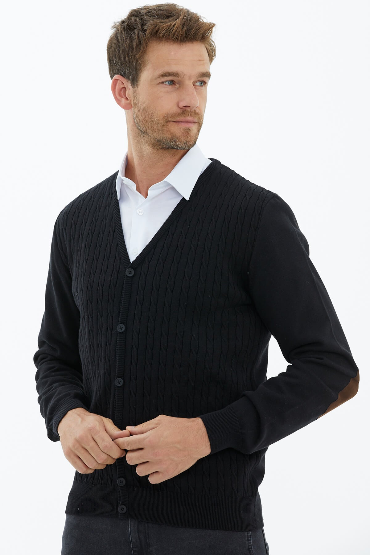 Süet Garnili Saç Örgülü Triko Hırka - Siyah (3) Sementa