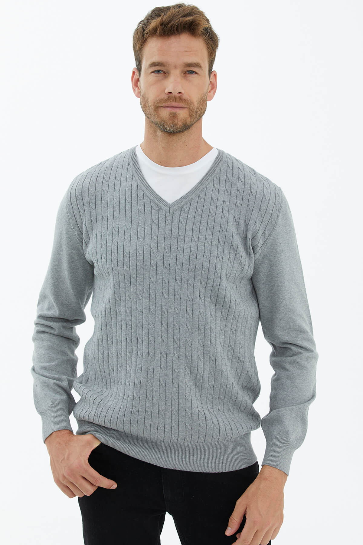 Süet Garnili Saç Örgülü Triko Kazak - Açık Gri (1) Sementa