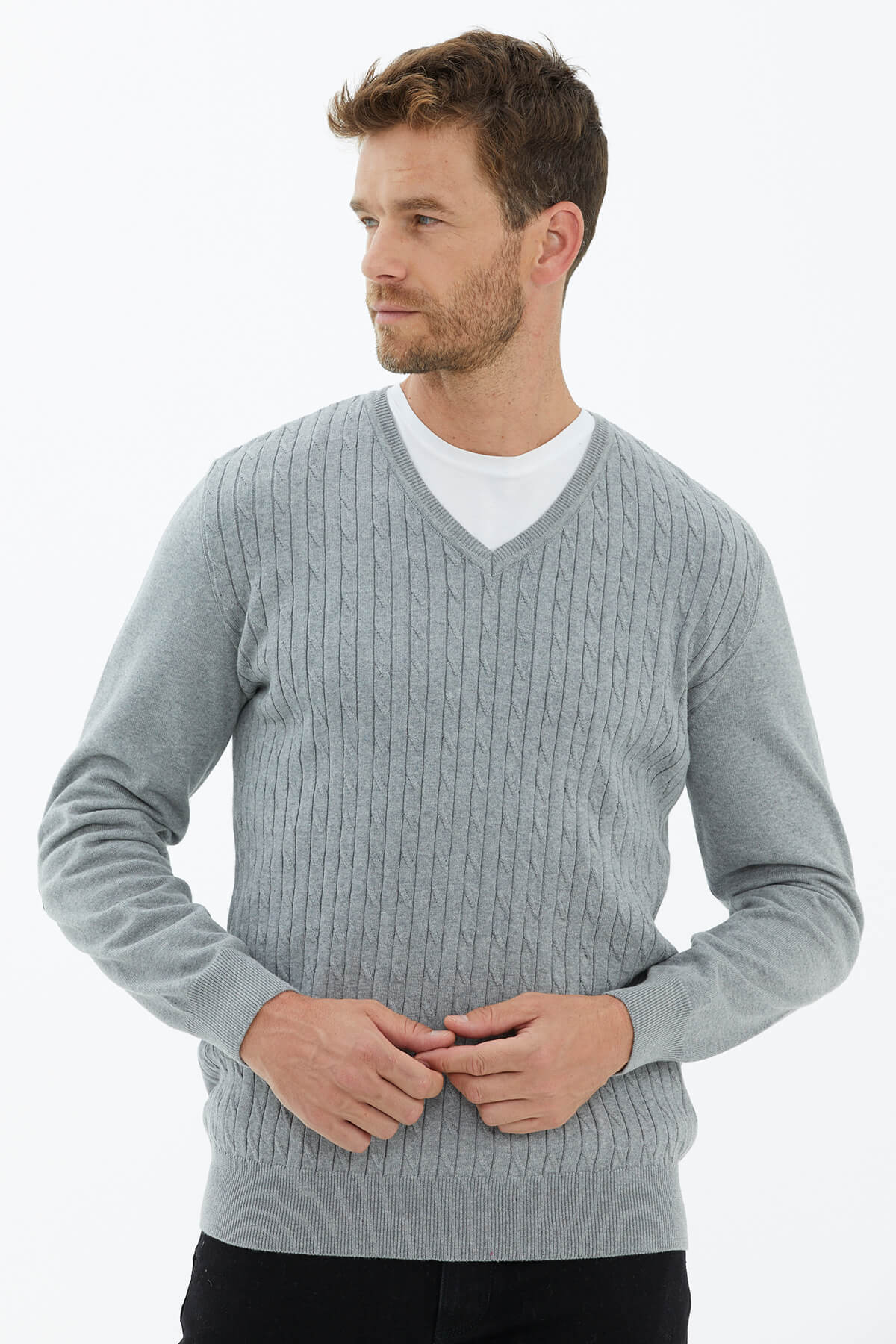 Süet Garnili Saç Örgülü Triko Kazak - Açık Gri (2) Sementa