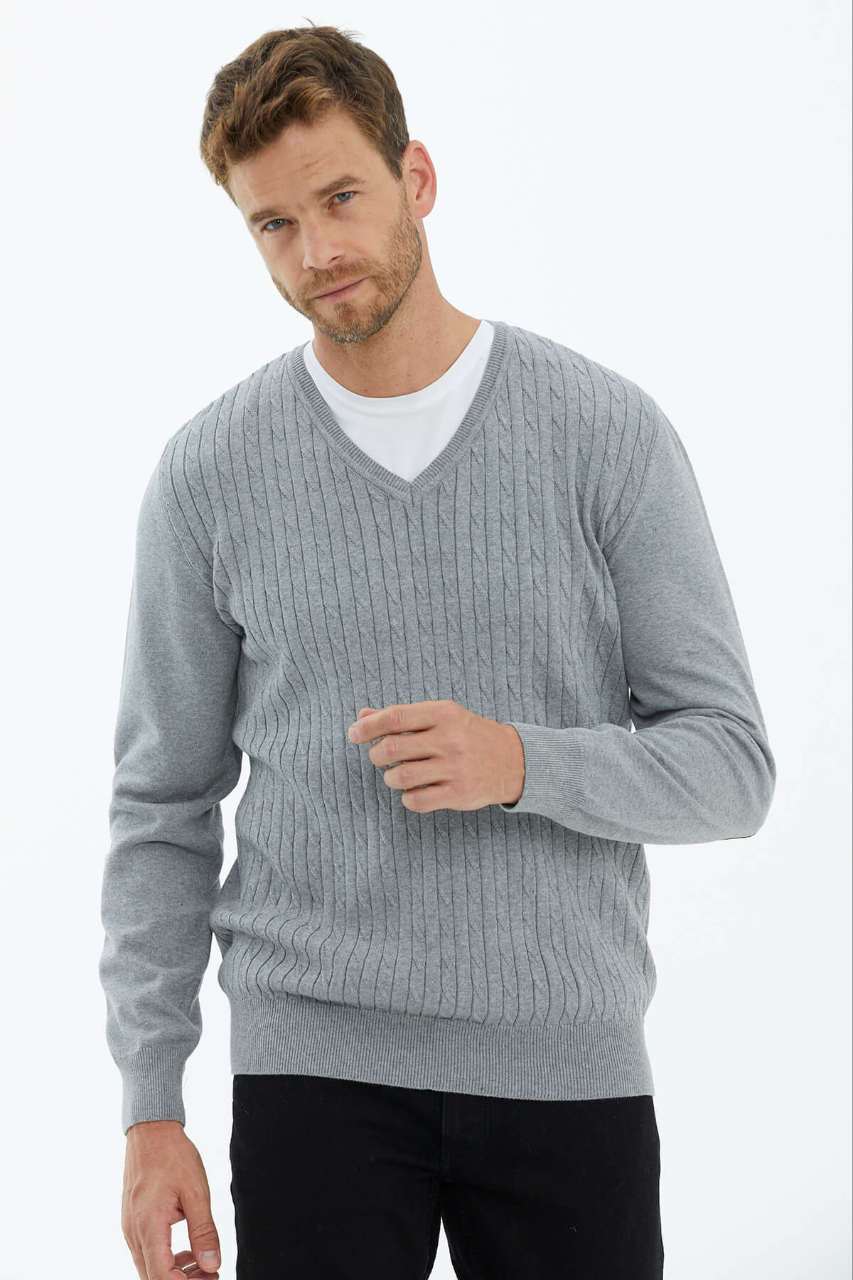 Süet Garnili Saç Örgülü Triko Kazak - Açık Gri (3) Sementa