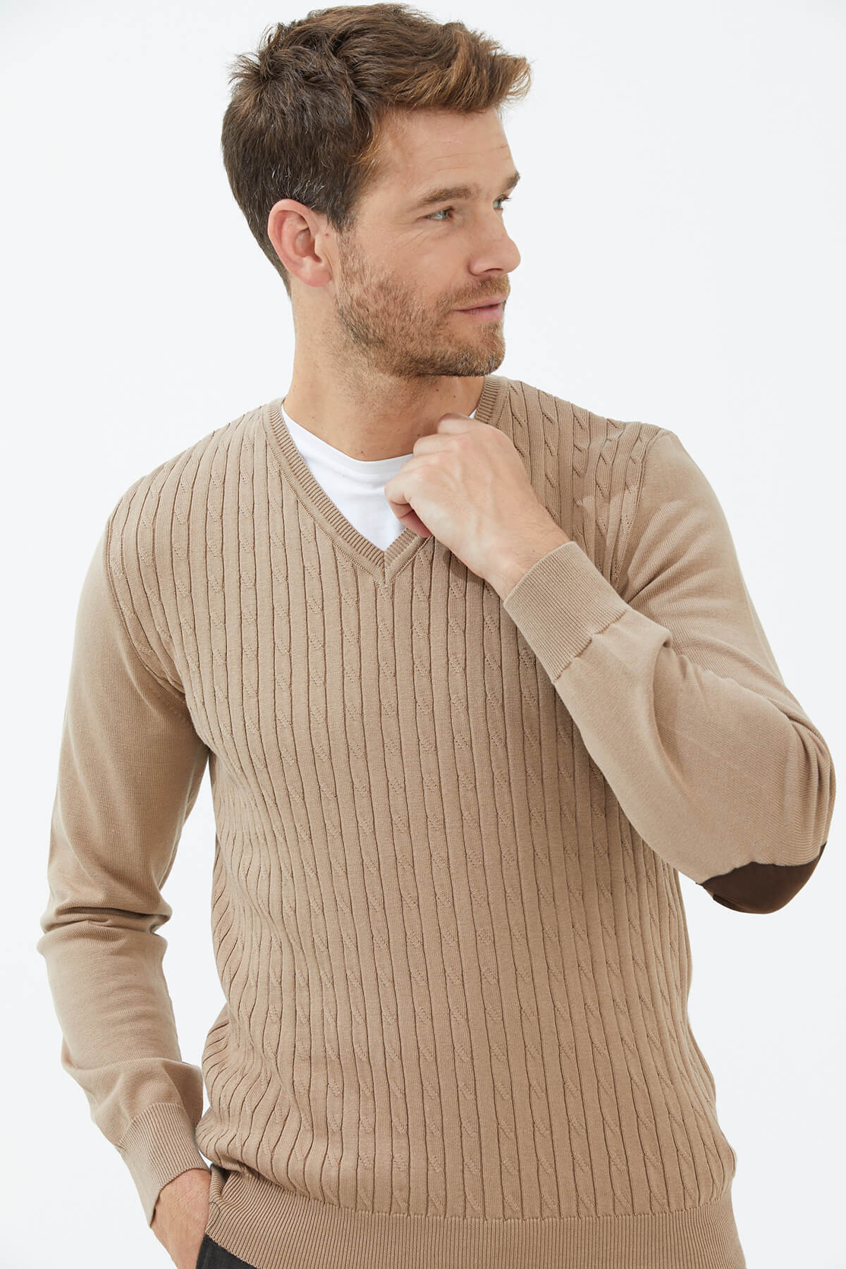 Süet Garnili Saç Örgülü Triko Kazak - Kamel (1) Sementa