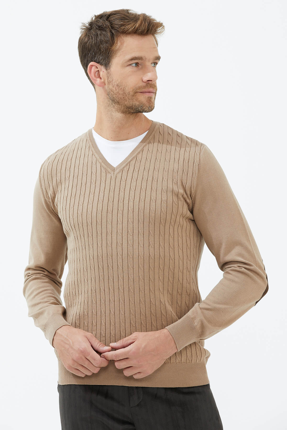 Süet Garnili Saç Örgülü Triko Kazak - Kamel (2) Sementa