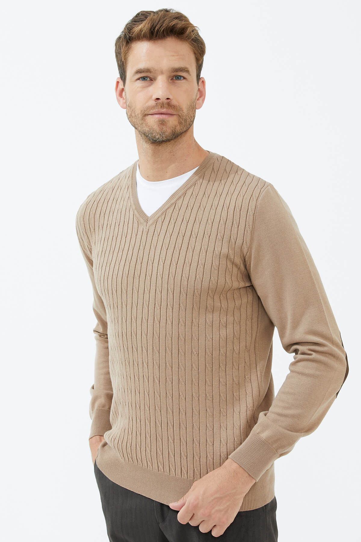 Süet Garnili Saç Örgülü Triko Kazak - Kamel (3) Sementa