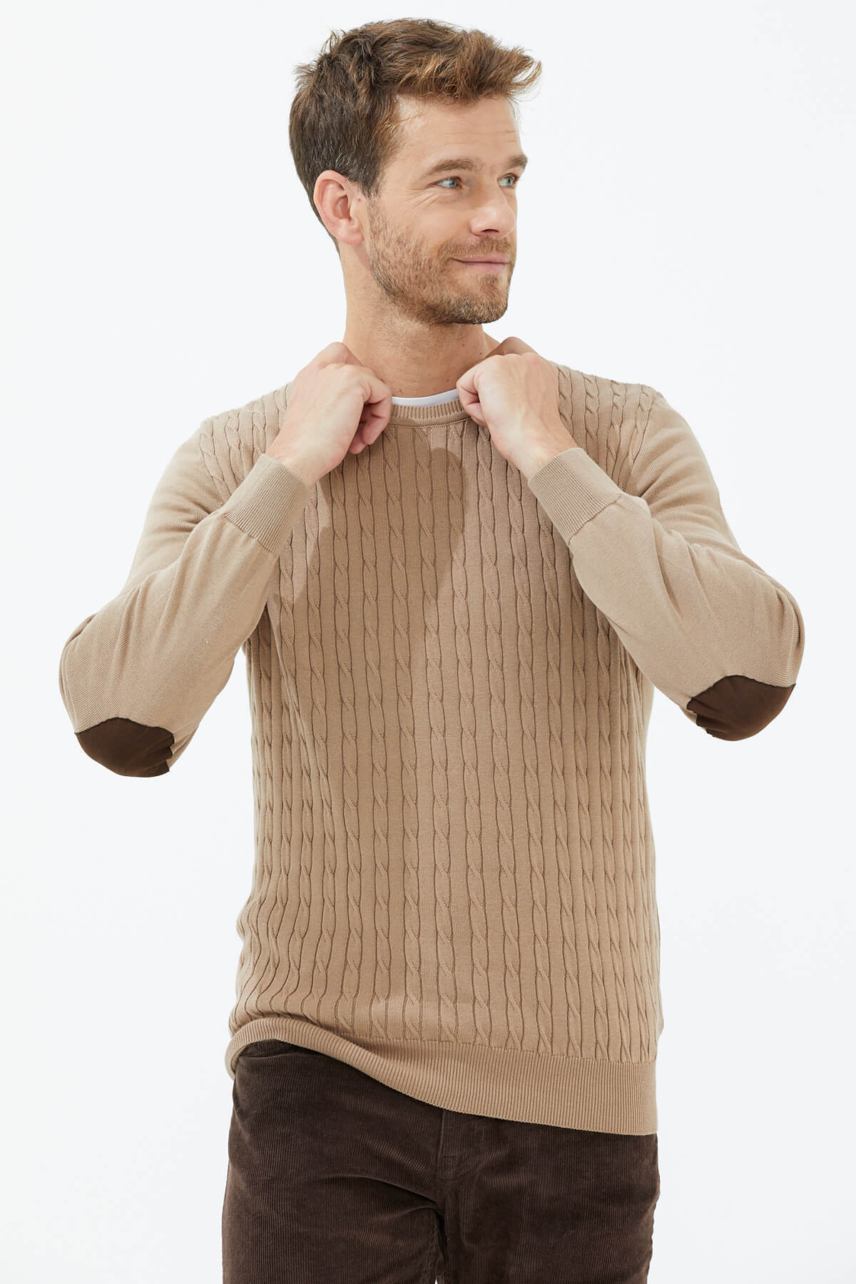 Süet Garnili Saç Örgülü Triko Kazak - Kamel (1) Sementa