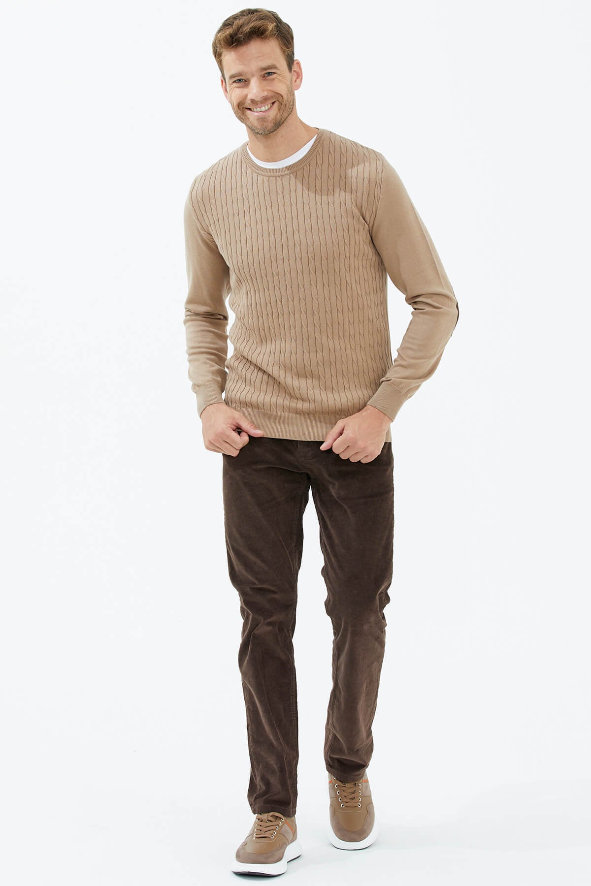 Süet Garnili Saç Örgülü Triko Kazak - Kamel (2) Sementa