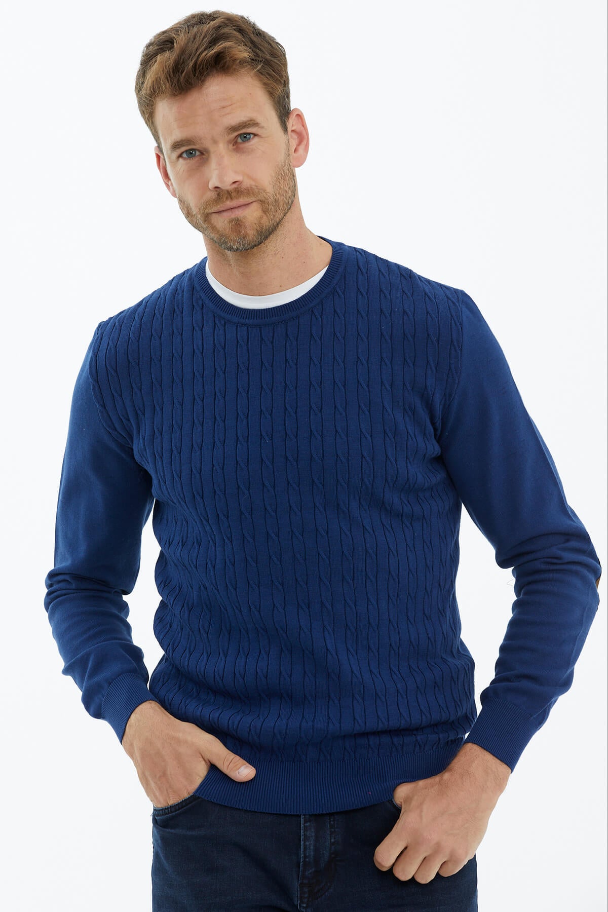 Süet Garnili Saç Örgülü Triko Kazak - Lacivert (1) Sementa