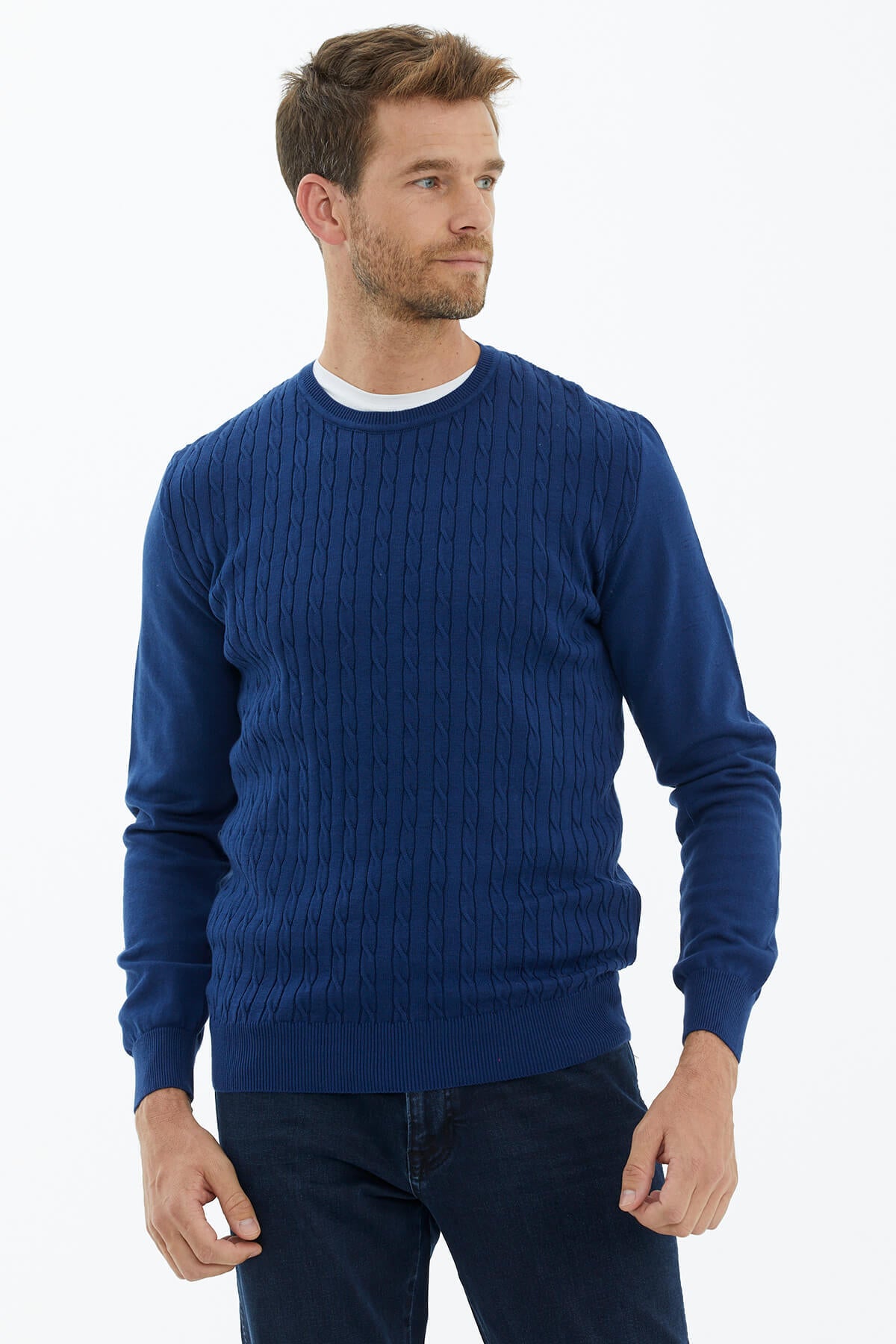 Süet Garnili Saç Örgülü Triko Kazak - Lacivert (2) Sementa