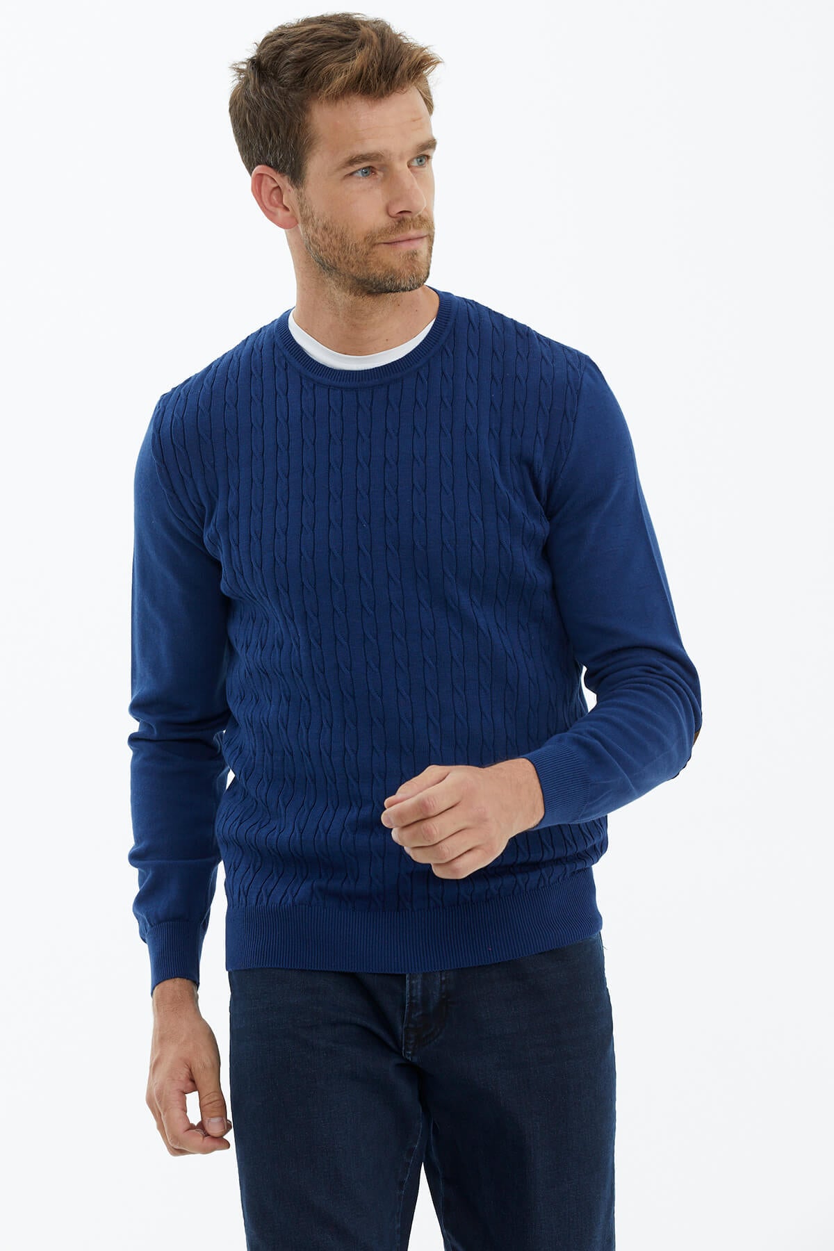 Süet Garnili Saç Örgülü Triko Kazak - Lacivert (3) Sementa