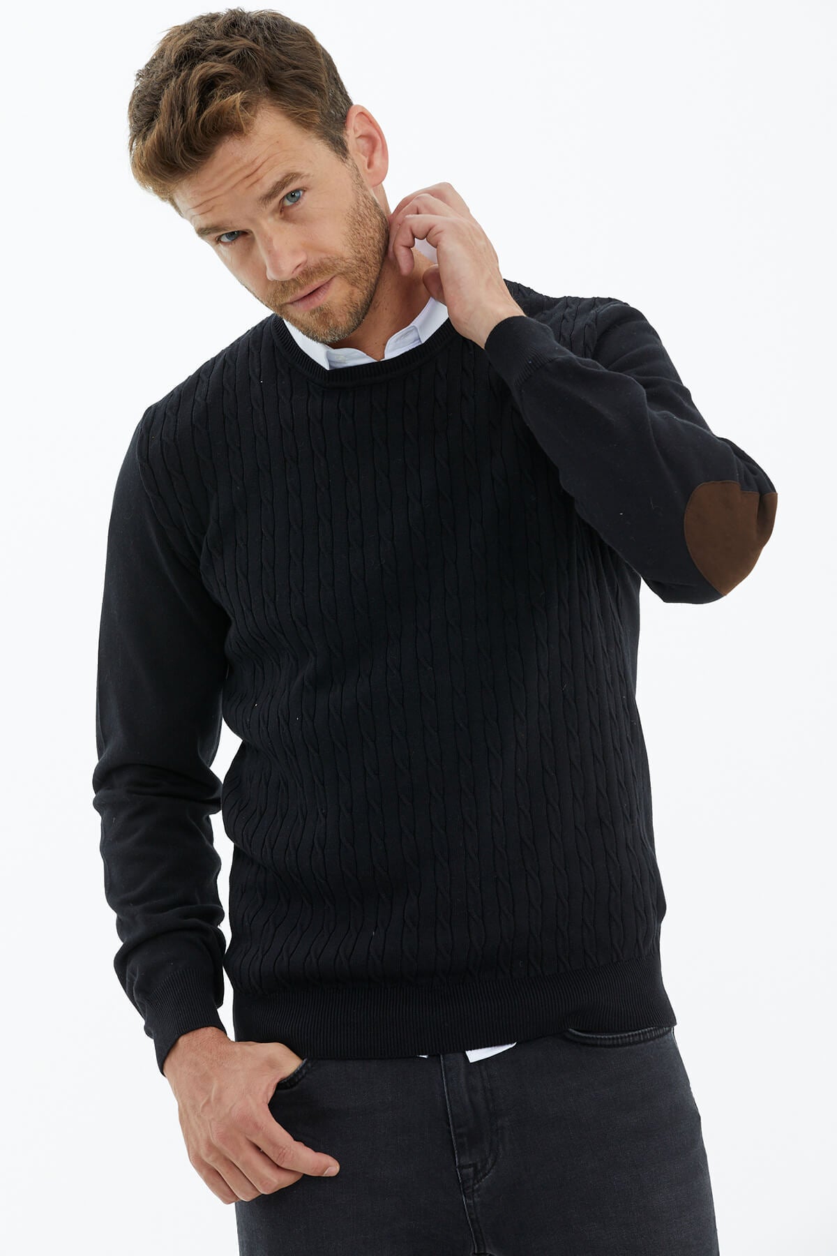 Süet Garnili Saç Örgülü Triko Kazak - Siyah (1) Sementa