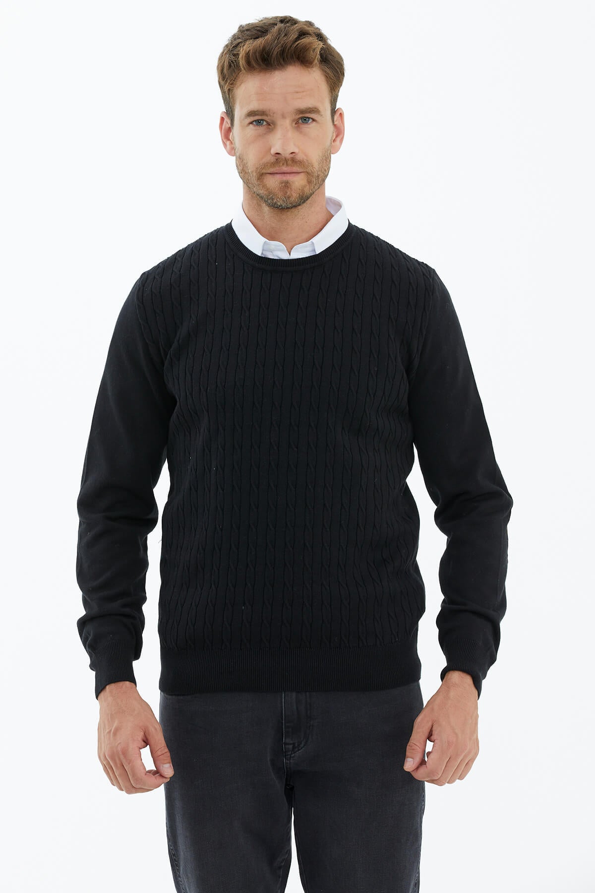 Süet Garnili Saç Örgülü Triko Kazak - Siyah (2) Sementa